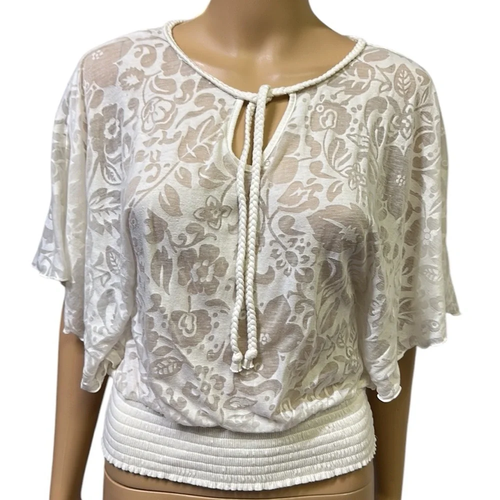 Express Semi Sheer Short Flutter Sleeve Elastic Waist Lightweight Top Womens XS - Picture 6 of 10